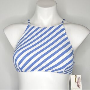 NWT Jessica Simpson blue white Air Stripe shimmer strappy tie back bikini top S